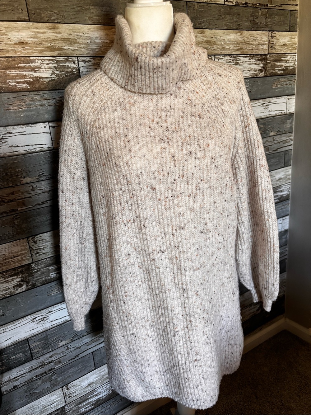 Blu Pepper Cream Speckle Ribbed Oversized Turtleneck Sweater Dress Womens S